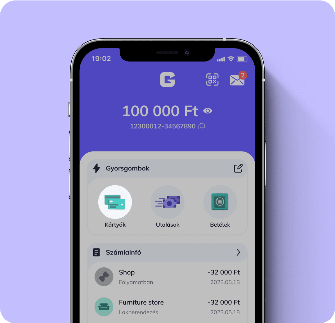 Bankkártyák menüpont a Grábit eBank appban.