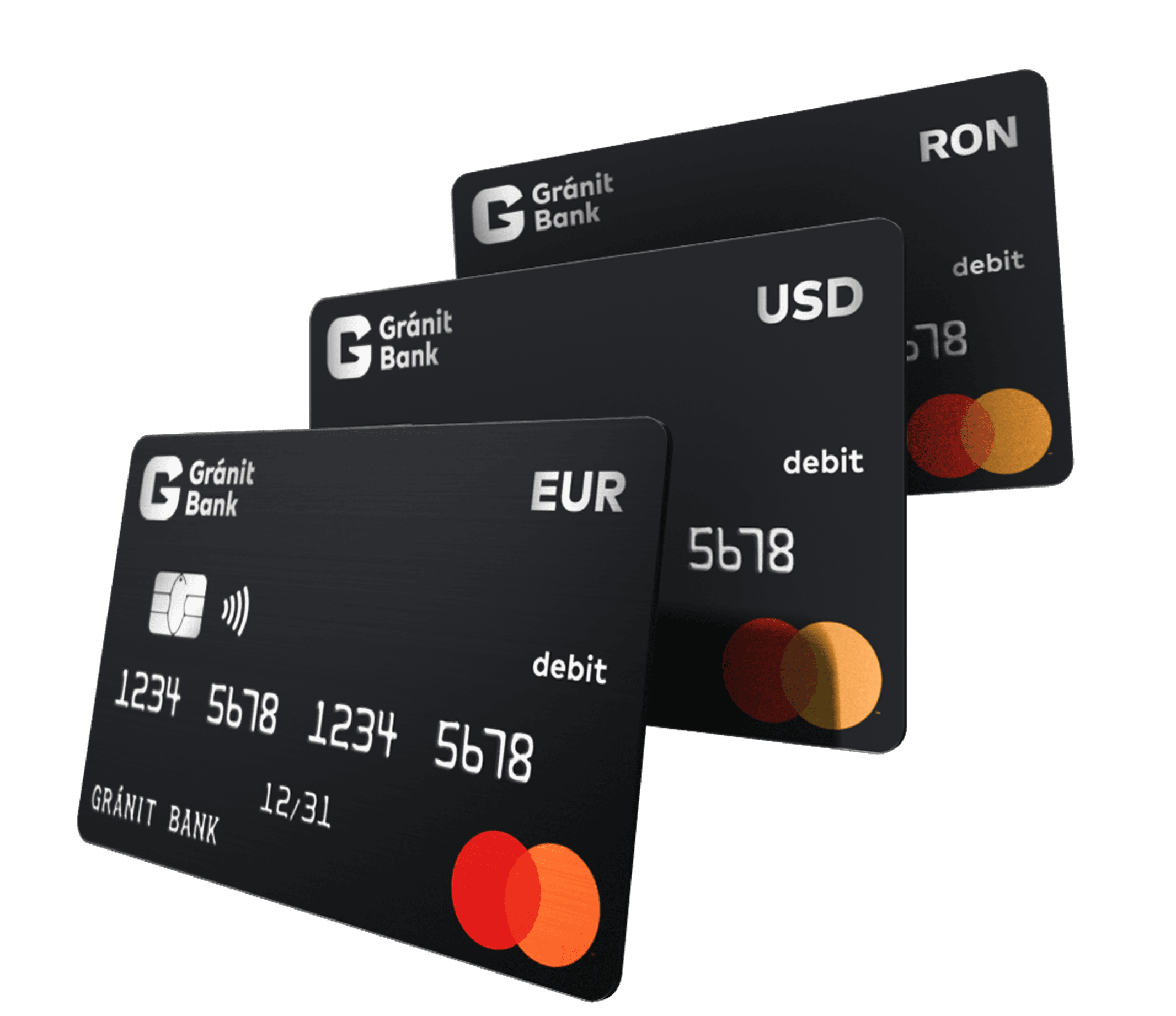 Három fekete Gránit Bank debit kártya: EUR, USD és RON devizával, Mastercard logóval.