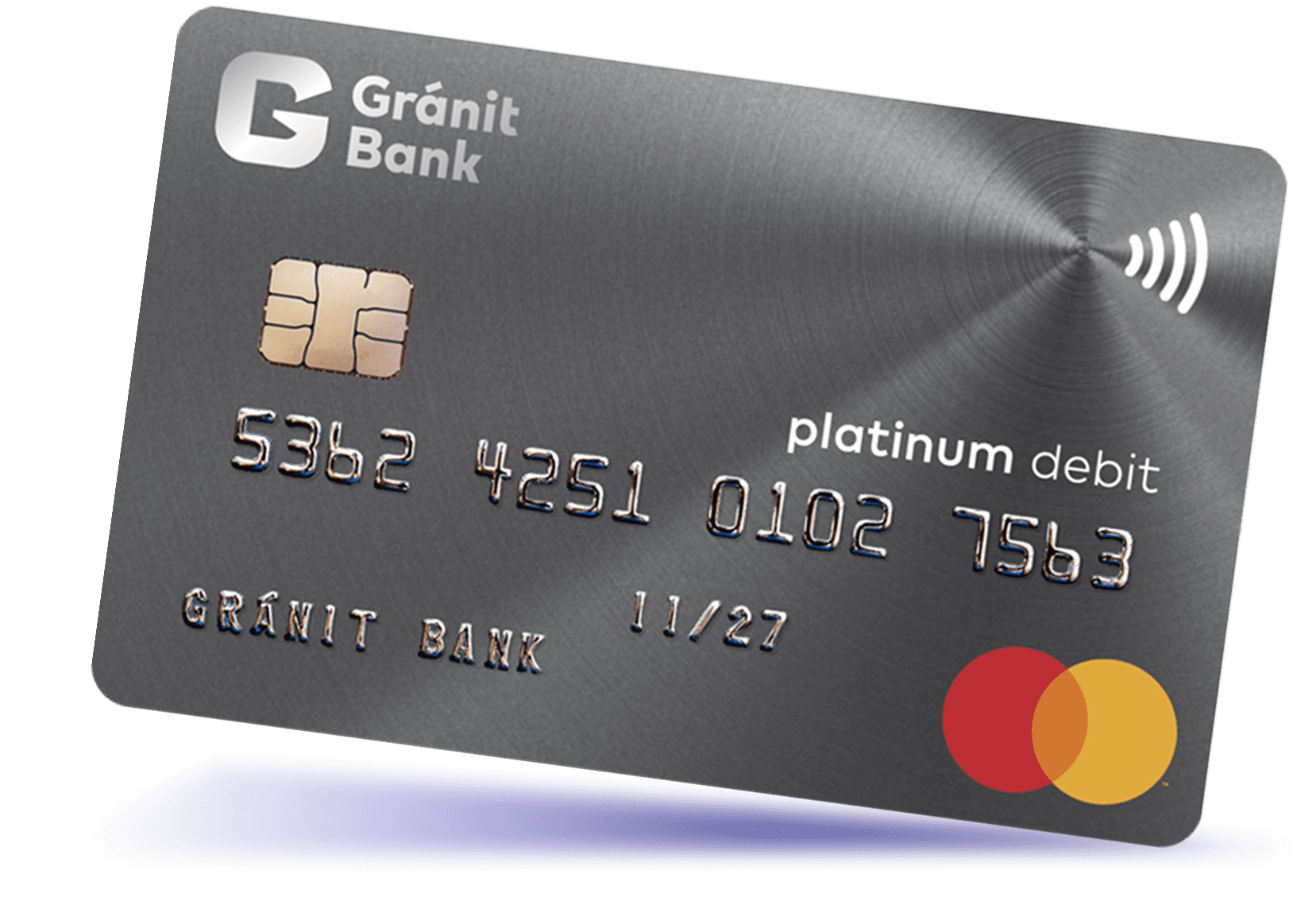 Szürke Gránit Bank Platinum debit bankkártya aranyszínű chip-pel és Mastercard logóval.