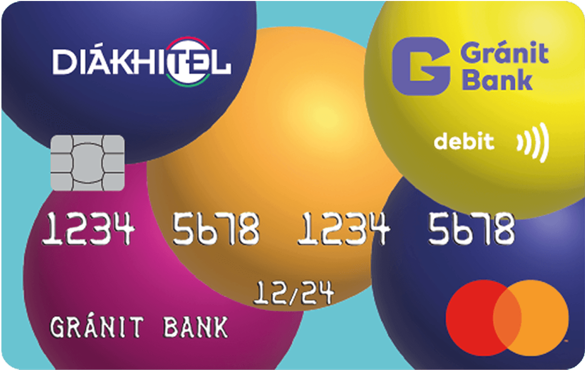 Színes buborékdizájnos Diákhitel-Gránit Bank közös debitkártya Mastercard logóval.